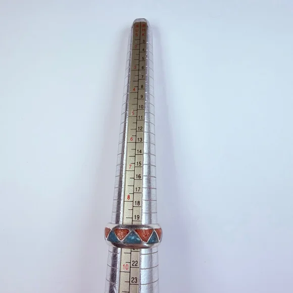 Native American Navajo Turquoise & Coral Sterling Silver 925 Vintage Band Ring - Picture 7 of 8